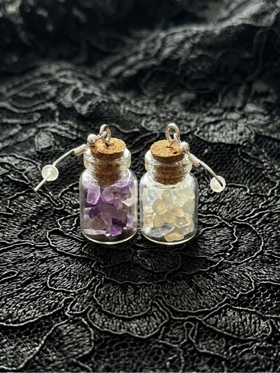 ADSICK🤍 Jewelry - Handmade Mini Opalite and Amethyst Glass Spell Jar Drop Earrings
